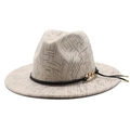 Detailed close-up of beige wool fedora hat with black geometric patterns and chain detail - M (56-58cm) / Beige