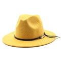 Details des gelben Wollhutes mit Karomuster und Lederband mit goldener Kette - M (56-58cm) / Gelb