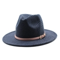 Detail of dark blue fedora wool felt hat with pink leather strap and golden buckle - M(56-58cm) / Navy Blue