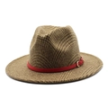Close-up of brown plaid wool fedora hat with red faux leather band and gold buckle detail - M (56-58cm) / Khaki