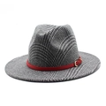 Classic grey plaid wool jazz fedora hat with a contrasting red leather belt and gold buckle - M (56-58cm) / Gray