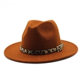 Brown wool felt fedora hat with leopard print band and golden buckle for women - M (56-58cm) / Caramel color