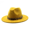 Detail of yellow fedora wool hat featuring leopard print belt and golden metal buckle - M (56-58cm) / Yellow