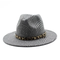 Klassischer Fedora-Hut aus Wolle mit Hahnentrittmuster, Leopardenband und Goldschnalle - M(56-58cm) / Grau