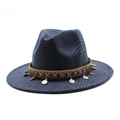 Detail of navy plaid wool fedora hat with ethnic embroidered band and metal coin charms - M (56-58cm) / Navy Blue