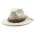 Beige wool fedora hat with ethnic embroidery ribbon and vintage metal coin charms - M (56-58cm) / Cream