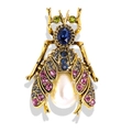Vintage insect spider brooch with blue gem, colorful rhinestones and white pearl - Purple
