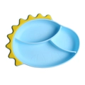 Detail of blue dinosaur silicone suction plate with three compartments for baby food - Dinosaur Divided Plate / Blue