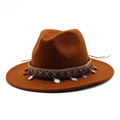 Close-up of brown wool fedora with ethnic embroidered band and hanging metal sequins - M (56-58cm) / Caramel color