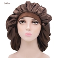 Extra large coffee brown satin sleep bonnet with wide elastic band on head model - Coffee