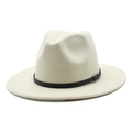 Detailansicht der cremefarbenen Fedora mit schwarzem Lederband und gewebtem Muster - M (56-58cm) / Creme