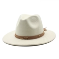 Dettaglio cappello fedora a tesa larga con trama intrecciata e fascia marrone con perle - M (56-58cm) / crema