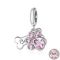 S925 sterling silver dog bone and pink zircon paw print charm pendant for DIY jewelry - Pink Zirconia Paw Bone Pendant (SCC1680)