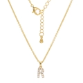 Macro view of gold letter R pendant necklace with sparkling rhinestones and lobster clasp - Letter R (XL00063-R)