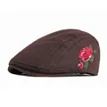 Dunkelbraune Woll-Schirmmütze für Damen mit roter Rosenstickerei und flachem Oberteil - Verstellbar / Kaffeebraun