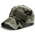 Jungle camouflage baseball cap featuring a 'WOLF' embroidered shield badge in green - Camouflage