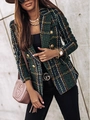 Detailed close-up of green plaid tweed blazer featuring golden embossed buttons - S / Dark Green