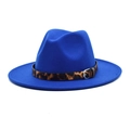 Classic royal blue fedora wool hat featuring a trendy leopard print band with buckle - M(56-58cm) / Sapphire Blue