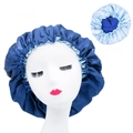 Reversible navy and light blue satin sleep cap with elastic edge and adjustable button - One Size / Navy Blue + Light Blue Lining