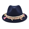 Dark blue wool felt fedora featuring bohemian braided band with pink tassels and shells - M (56-58cm) / Navy Blue