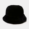 Thick black faux rabbit fur bucket hat with a flat top for winter warmth and style - Black