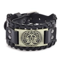 Retro black leather bracelet featuring a bronze Tree of Life and star metal plate - PU Antique Bronze