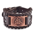 Brown leather cuff bracelet featuring bronze Valknut symbol and Viking runes details - PU / Brown PU Leather Antique Red Copper