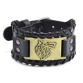 Men's black leather wolf head bracelet with bronze Celtic relief and braided edges - PU Antique Bronze-Wolf Head
