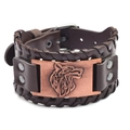 Men's wide brown braided leather bracelet featuring a bronze celtic wolf head emblem - PU Antique Copper-Wolf Head