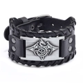 Men's black leather bracelet with silver Celtic dragon emblem and adjustable buckle - PU Antique Silver
