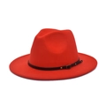 Red wool felt fedora hat with black belt and gold buckle decoration for women and men - M(56-58cm) / Orange Red