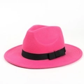 Detail of rose red wool fedora hat with a black grosgrain ribbon and classic bow tie - 56-59cm Adjustable / Rose Red
