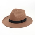 Detailed view of a brown wool felt fedora hat featuring a classic black grosgrain ribbon - 56-59cm Adjustable / Light Coffee