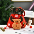 Red Christmas drawstring gift bag with green cuff and 3D plush reindeer decoration - 20*23CM / Red Green Snowflake Reindeer