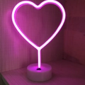 Pink heart-shaped LED neon desk lamp with a white cylindrical base and manual switch - Heart (Pink) With Base