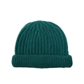 Detail of dark green ribbed knit beanie showing thick vertical texture and folded brim - Dark Green