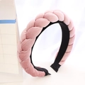 Detail view of pink braided velvet headband showing soft texture and twisted braid design - Pink Braided Headband