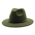 Close-up of dark olive wool fedora with a black leather band and gold chain detail - Army Green