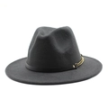 Detail of dark grey wool fedora with black leather band and gold metal chain accent - Dark Gray