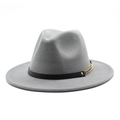 Grey wool fedora hat with black leather band and gold metal chain accent on white background - Light Gray