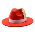 Detail of red wide-brim felt fedora with white ribbon and golden feather ornament - Adjustable / Orange Red