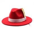 Close-up of red wool fedora hat featuring white ribbon band and gold leaf ornament - Adjustable / Red