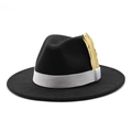 Detail of a black wool felt fedora featuring a white grosgrain ribbon and golden feather - Adjustable / Black