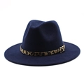 Detail of navy wool fedora hat featuring leopard print band and gold buckle accent - Navy Blue
