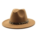 Detail of camel wool fedora hat featuring leopard print band and gold buckle - Light Coffee