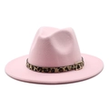 Detail showing pink wool fedora hat with leopard print band and gold metal buckle trim - Pink