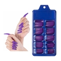 Long coffin press on nails in deep purple glossy finish with blue storage box organizer - 100 Pieces / Dark Purple