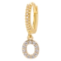 Macro shot of 18k gold plated letter O pendant earring with micro-paved cubic zirconia - Letter O / Gold