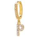 Detailed close-up of 18k gold plated huggie earring with zircon-studded letter P pendant - Letter P / Gold