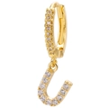 Macro detail of 18k gold plated hoop earring with zircon-encrusted letter U pendant - Letter U / Gold
